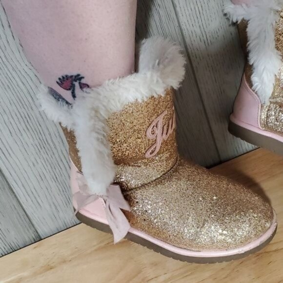 Juicy Couture Boots Bling Glitter Winter Snow Furry Gold Pink Big Girls SIZE 3 - Picture 13 of 16